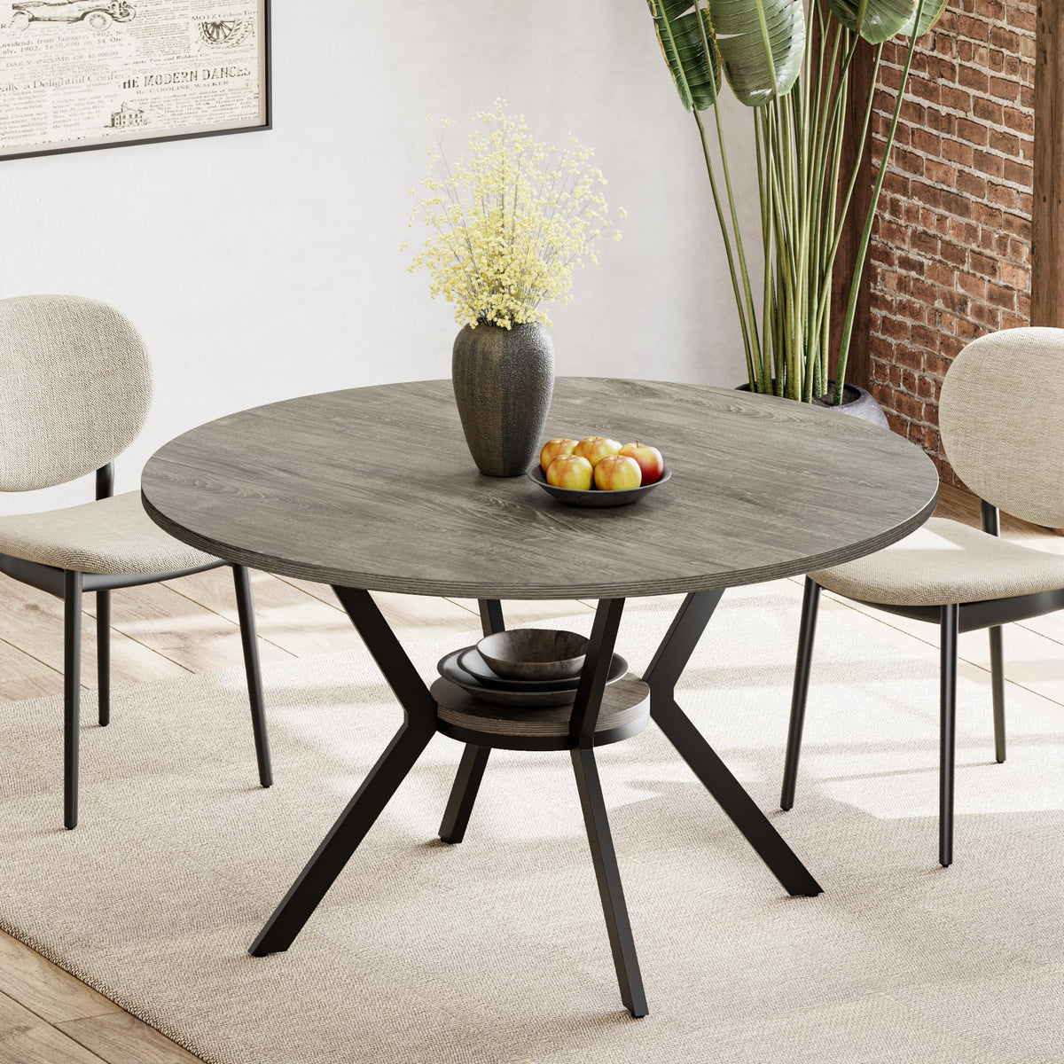 42" Round Dining Table for 4, Farmhouse Kitchen Table with Storage, Space Saving Circle Dinner Table, Rustic Wood Kitchen & Dining Room Tables with Metal Legs for Home, Apartment, Office, Restaurant