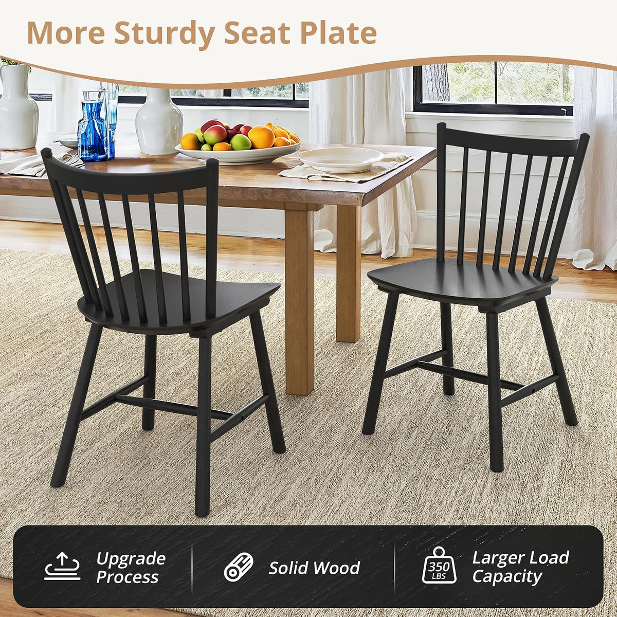 LUE BONA Upgraded Dining Chairs Set of 4, Farmhouse Wooden Spindle Back Kitchen Chairs, Windsor Dining Chairs for Kitchen and Dining Room, Black