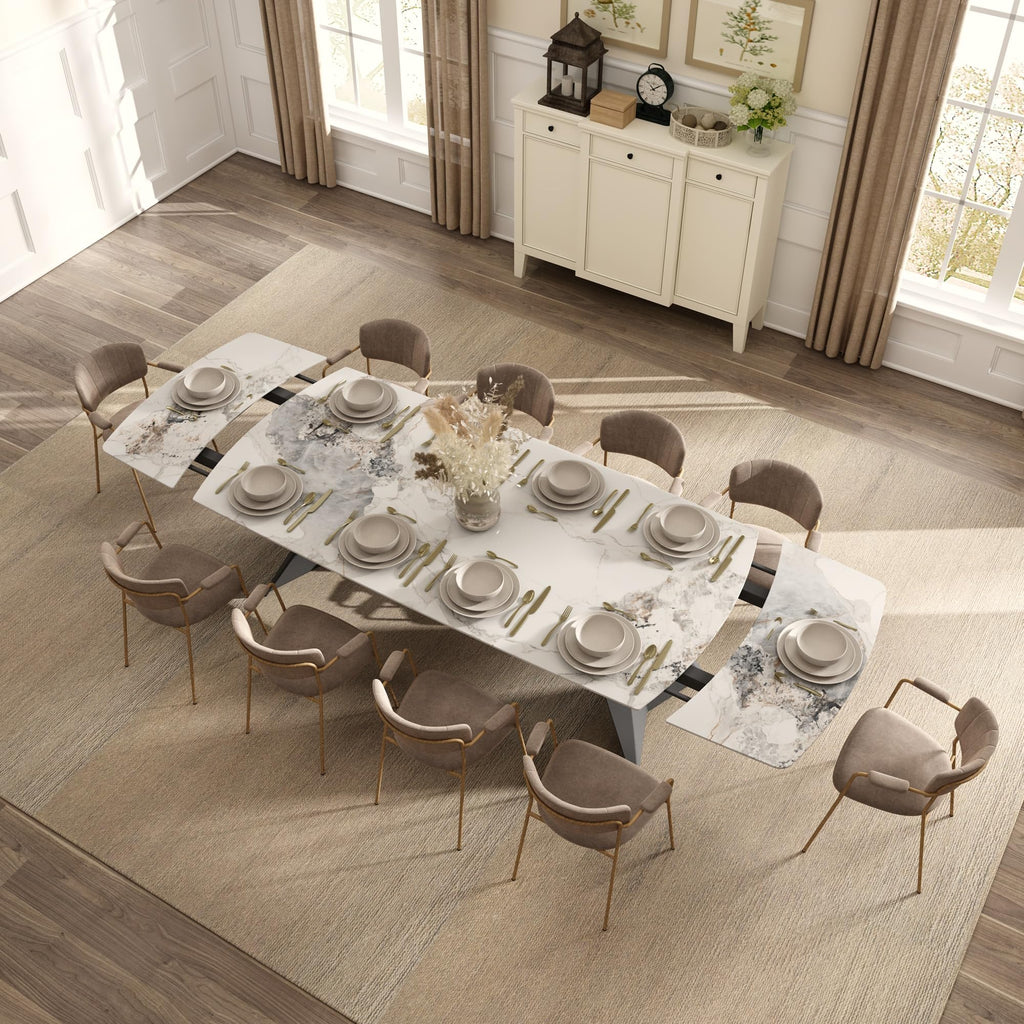 Extendable Dining Table with Leaf, 78"-110" Rectangular Sintered Stone, Marble-Look Top, Seats 6-14, Metal Base, Easy-Clean, Heat & Scratch Resistant, Dining Room/Kitchen Table for Family Gatherings