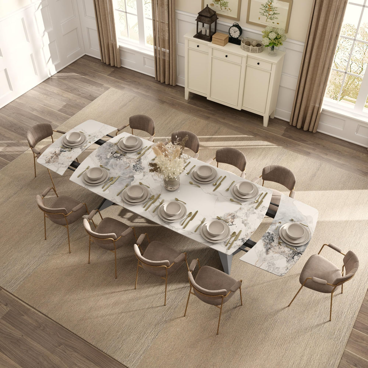 Extendable Dining Table with Leaf, 78"-110" Rectangular Sintered Stone, Marble-Look Top, Seats 6-14, Metal Base, Easy-Clean, Heat & Scratch Resistant, Dining Room/Kitchen Table for Family Gatherings