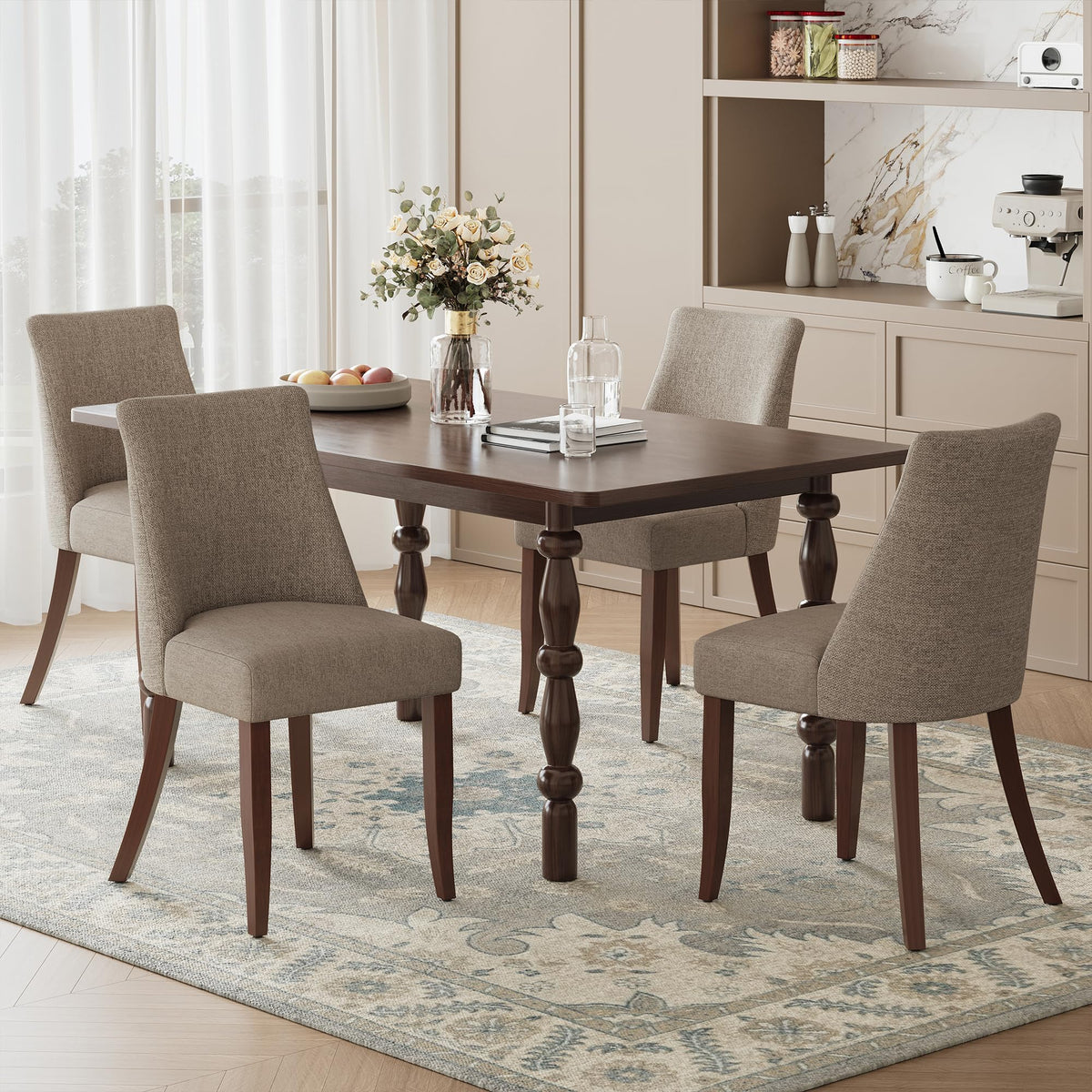 COLAMY Upholstered Dining Chairs Set of 6, Mid Century Modern Kitchen Chairs with Back, Farmhouse Fabric Side Dining Room Chairs with Wood Legs for Dining Room Restaurant, Brown