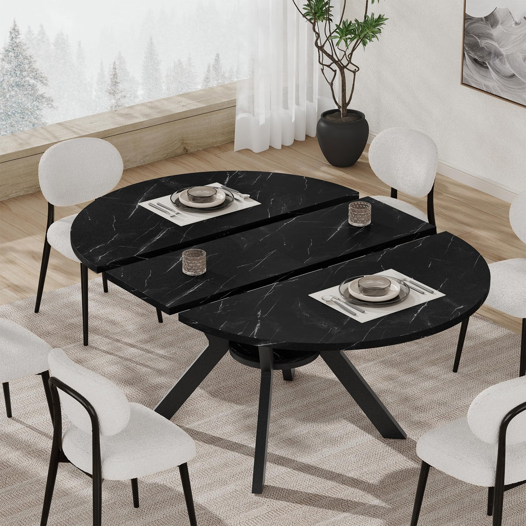 42"-58" Extendable Round Dining Table for 4-6, Kitchen Oval Table with Built-in Flip Leaf & Storage Shelf, Space Saving Modern Design with Sturdy Metal Legs for Kitchen, Living Room & Small Apartments