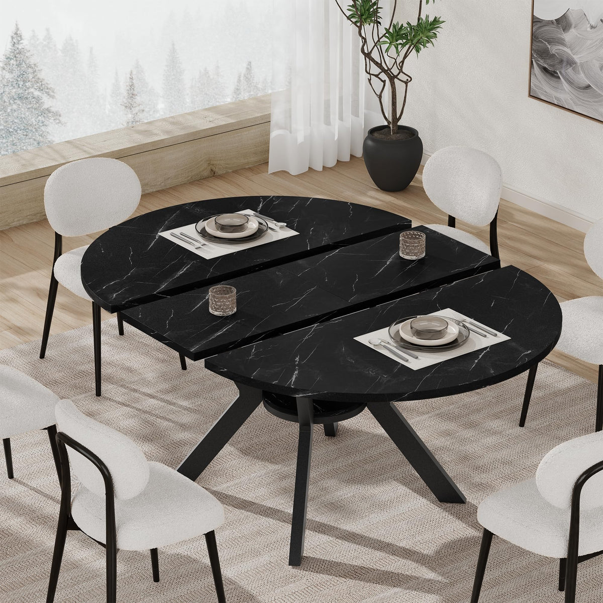 42"-58" Extendable Round Dining Table for 4-6, Kitchen Oval Table with Built-in Flip Leaf & Storage Shelf, Space Saving Modern Design with Sturdy Metal Legs for Kitchen, Living Room & Small Apartments