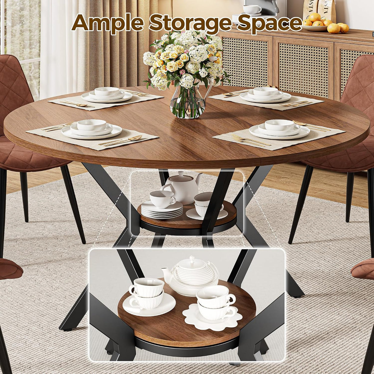 IRONCK Round Dining Table for 4, 43" Farmhouse Kitchen Table with Storage