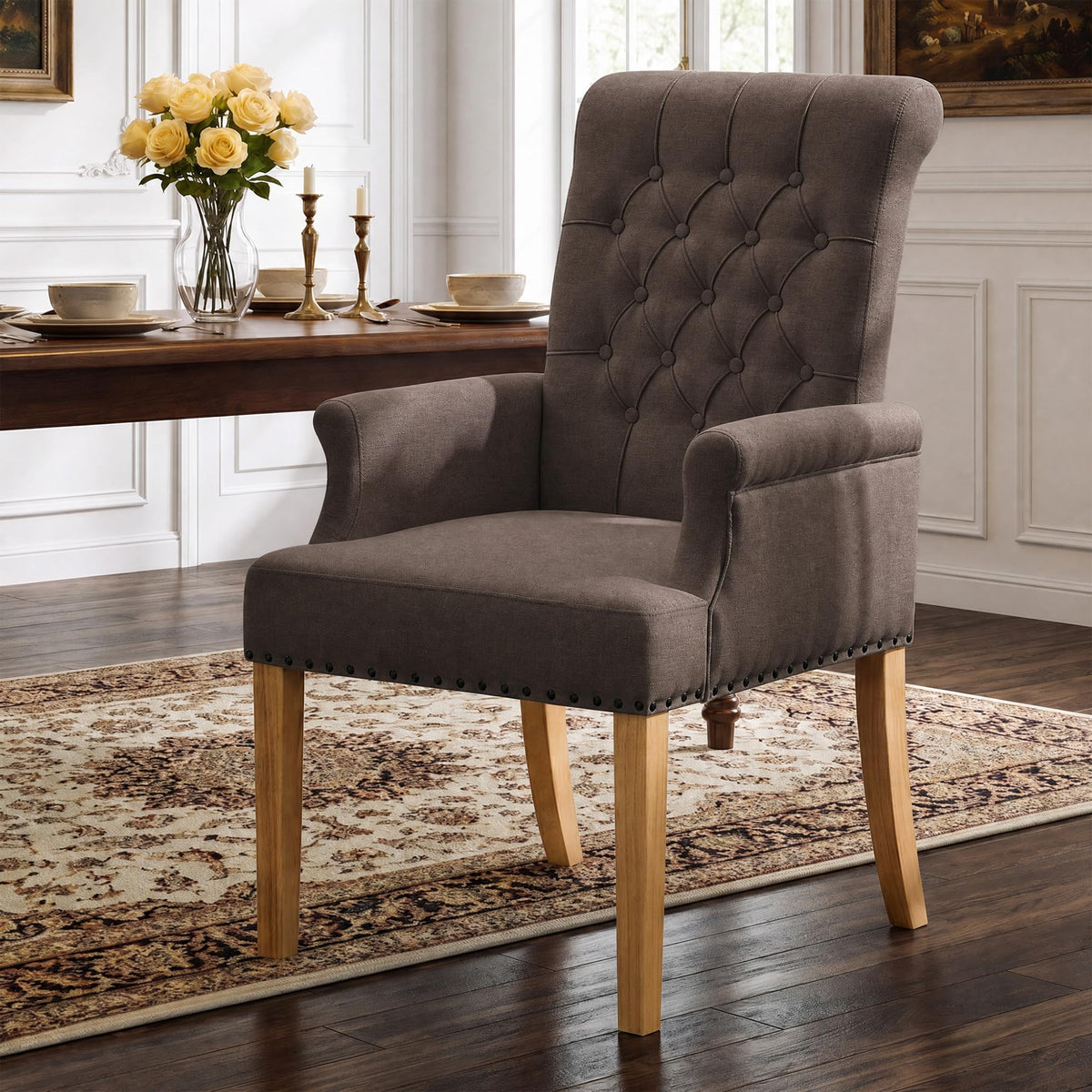 WUTUTUEE Fabric Dining Chair with Arms, Upholstered Tufted High Back Dining Room Chairs, Accent Armchair with Solid Wood Leg and Nailhead Trim, Kitchen Dining Living Room, Beige