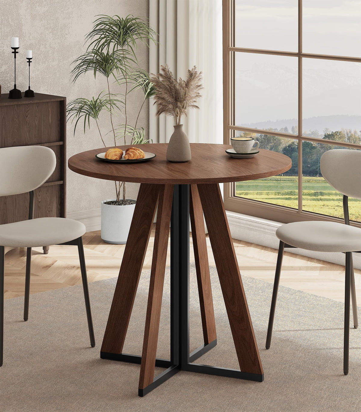 MECHYIN 42 inch Round Dining Table for 4, Farmhouse Kitchen Table, Round Dining Room Table with Metal Legs for Small Spaces & Apartment, Space-Saving Circle Wood Dinner Table, Walnut