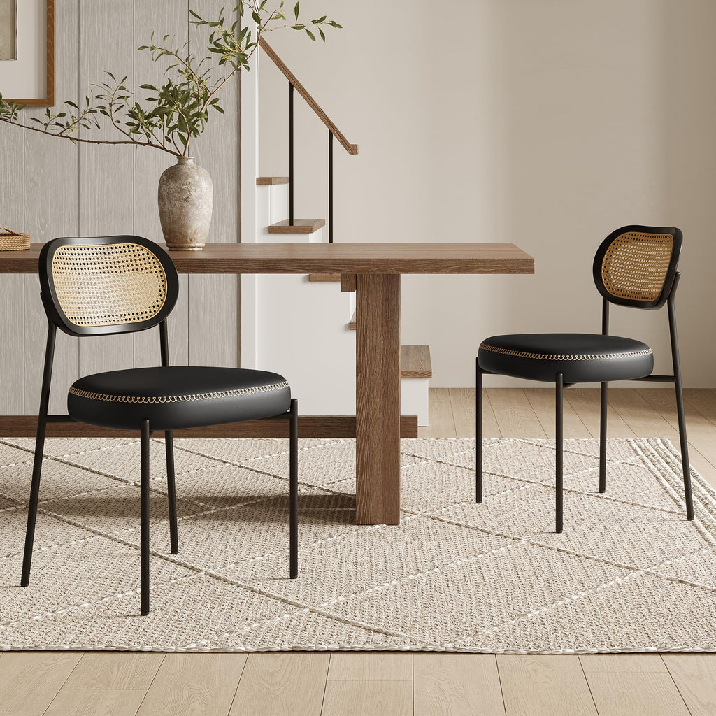 Rattan Dining Chairs Set of 2, Green Leather Upholstered Dining Chairs with Rattan Cane Back, Mid Century Modern Dining Room Chairs with Black Metal Legs & D-Shaped Thicken Cushion, Green