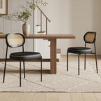 Rattan Dining Chairs Set of 2, Green Leather Upholstered Dining Chairs with Rattan Cane Back, Mid Century Modern Dining Room Chairs with Black Metal Legs & D-Shaped Thicken Cushion, Green