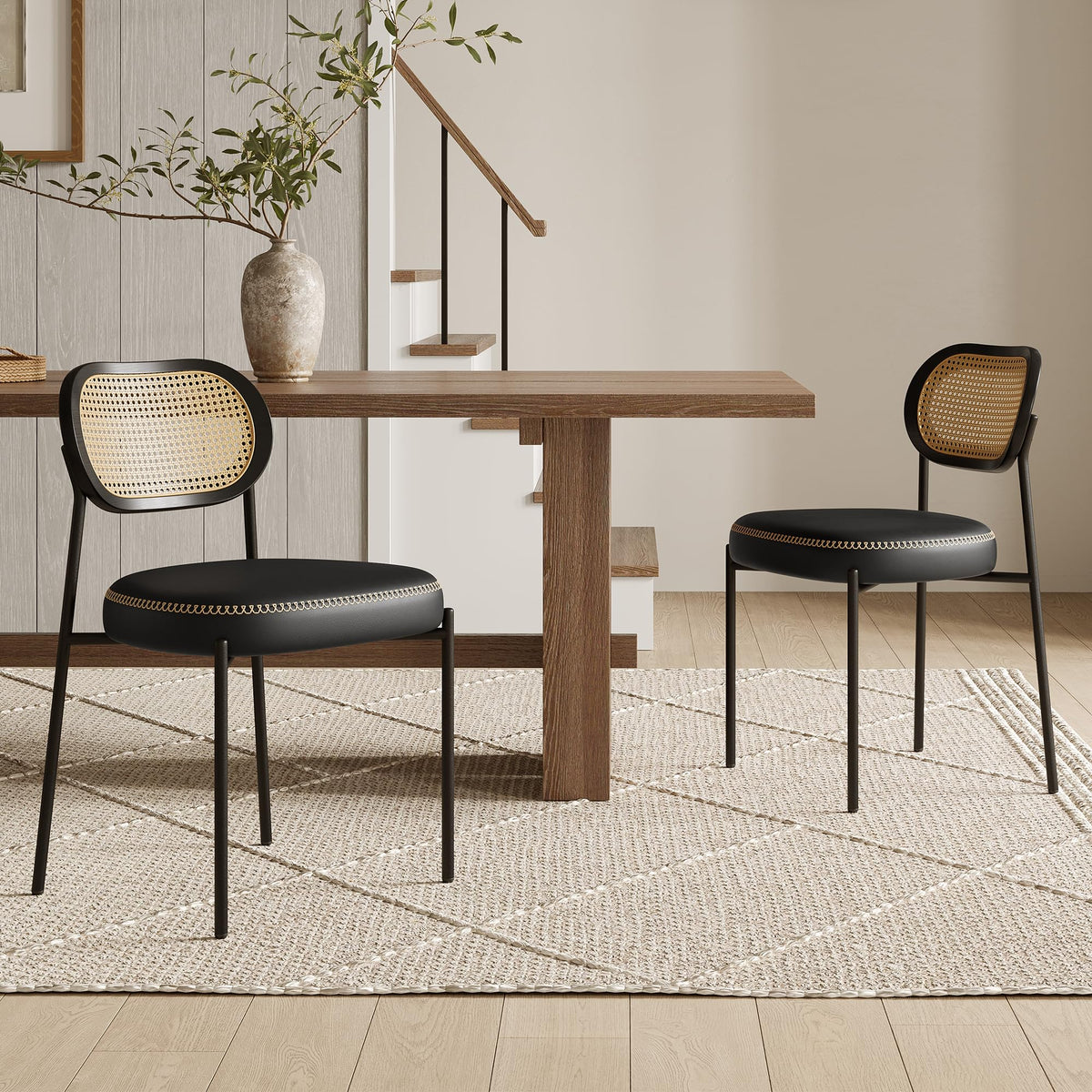 Rattan Dining Chairs Set of 2, Green Leather Upholstered Dining Chairs with Rattan Cane Back, Mid Century Modern Dining Room Chairs with Black Metal Legs & D-Shaped Thicken Cushion, Green