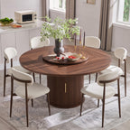 55" Fluted Round Dining Table for 4-6, Mid-Century Modern Kitchen Table with Rotating Tray, 2-Tier Storage Shelf, Wood Sliding Doors and Pedestal Base, Walnut