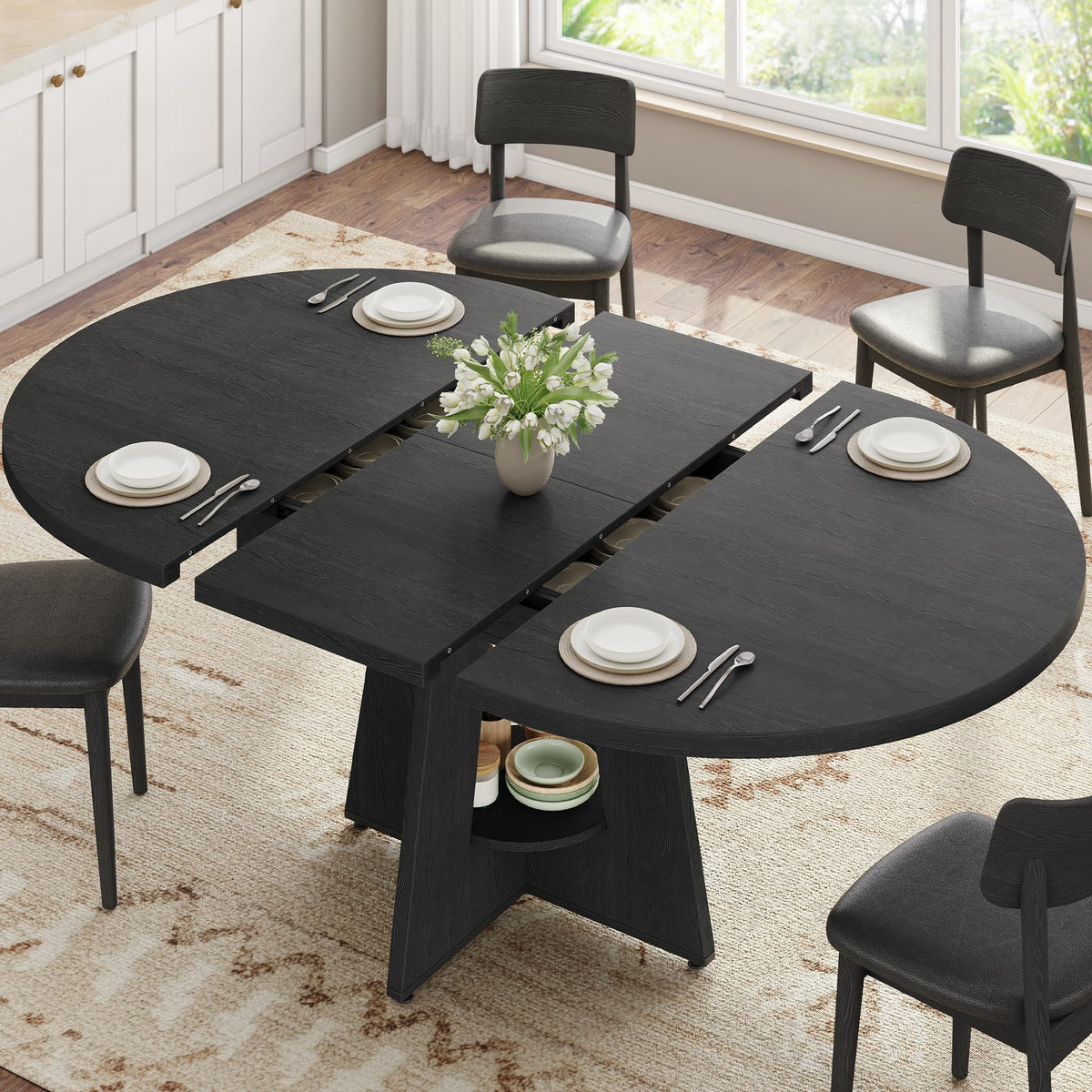 Extendable Dining Table, Round Kitchen Dining Room Dinner Table with for 4 6 8 People, Space Saving Modern Oval Expandale Furniture with Storage and Pedestal for Kitchen Living Room (Brown)