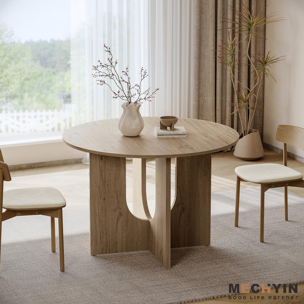 MECHYIN Round Dining Table for 4, 43" Mid Century Kitchen Table with Sculptural U-Shaped Pedestal Base, Walnut Dinner Table for Kitchen, Dining Room, Apartment