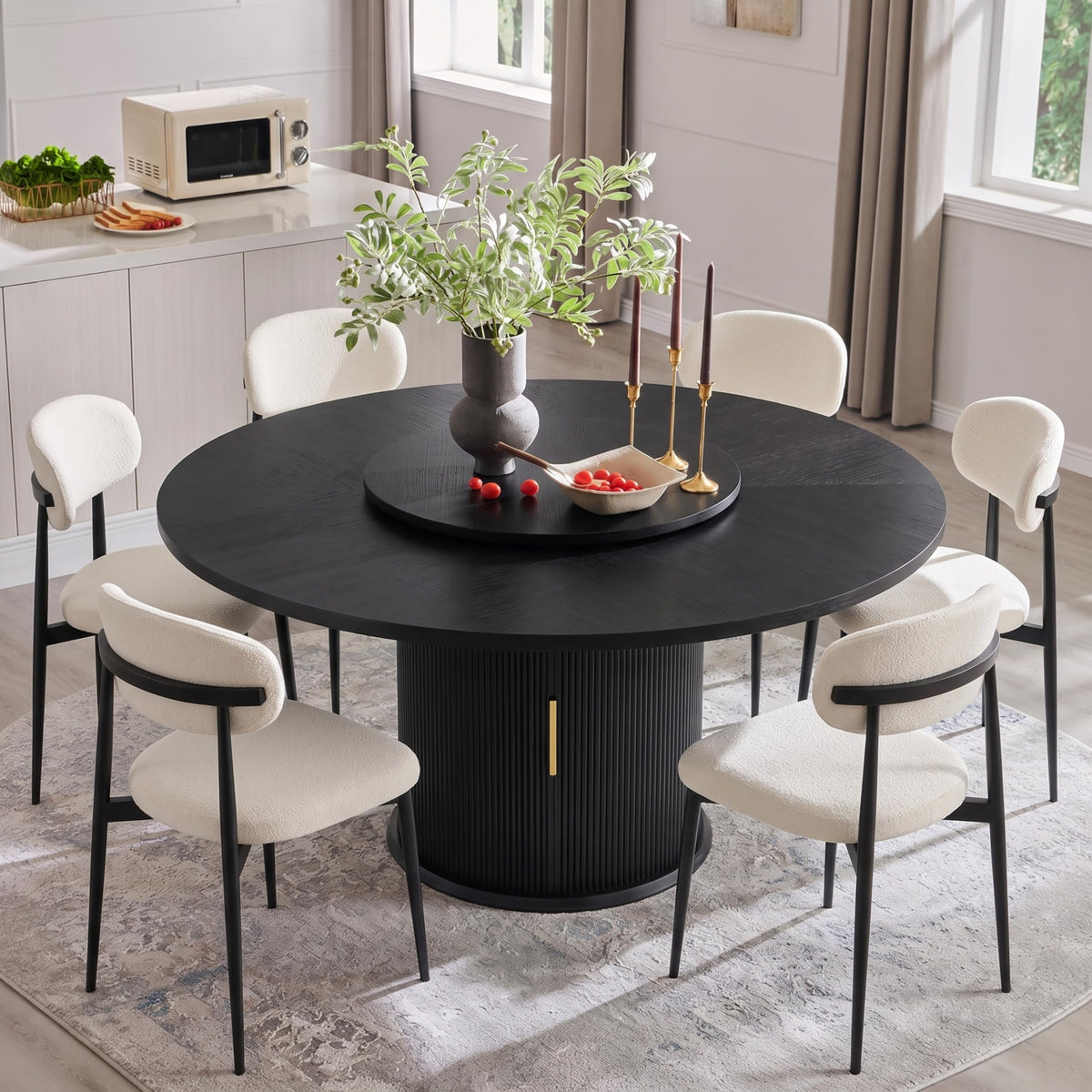 55" Fluted Round Dining Table for 4-6, Mid-Century Modern Kitchen Table with Rotating Tray, 2-Tier Storage Shelf, Wood Sliding Doors and Pedestal Base, Walnut