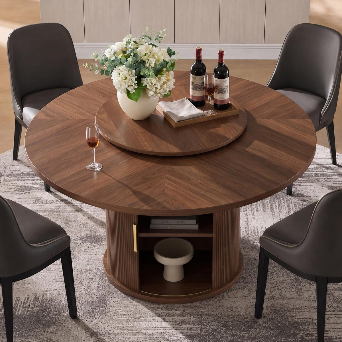 55" Fluted Round Dining Table for 4-6, Mid-Century Modern Kitchen Table with Rotating Tray, 2-Tier Storage Shelf, Wood Sliding Doors and Pedestal Base, Walnut