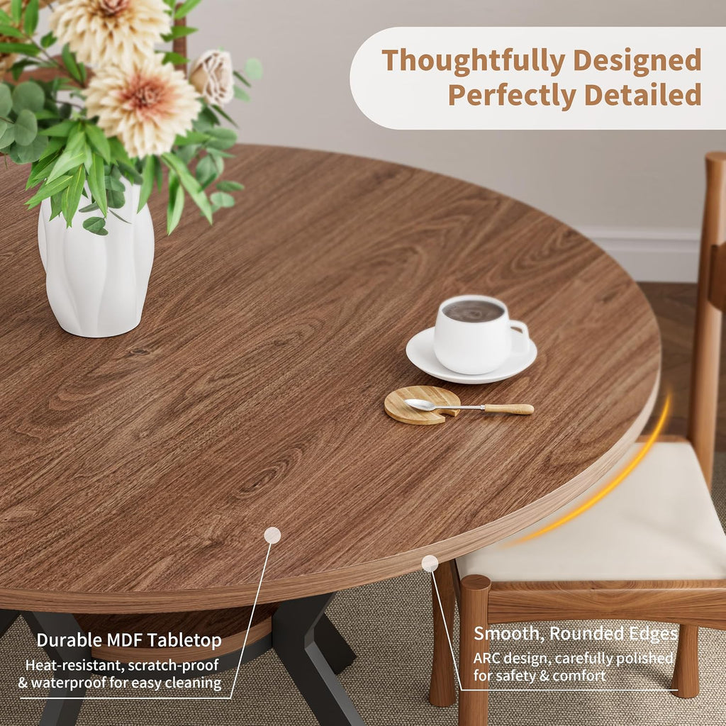 42" Round Dining Table for 4, Farmhouse Kitchen Table with Storage, Space Saving Circle Dinner Table, Rustic Wood Kitchen & Dining Room Tables with Metal Legs for Home, Apartment, Office, Restaurant