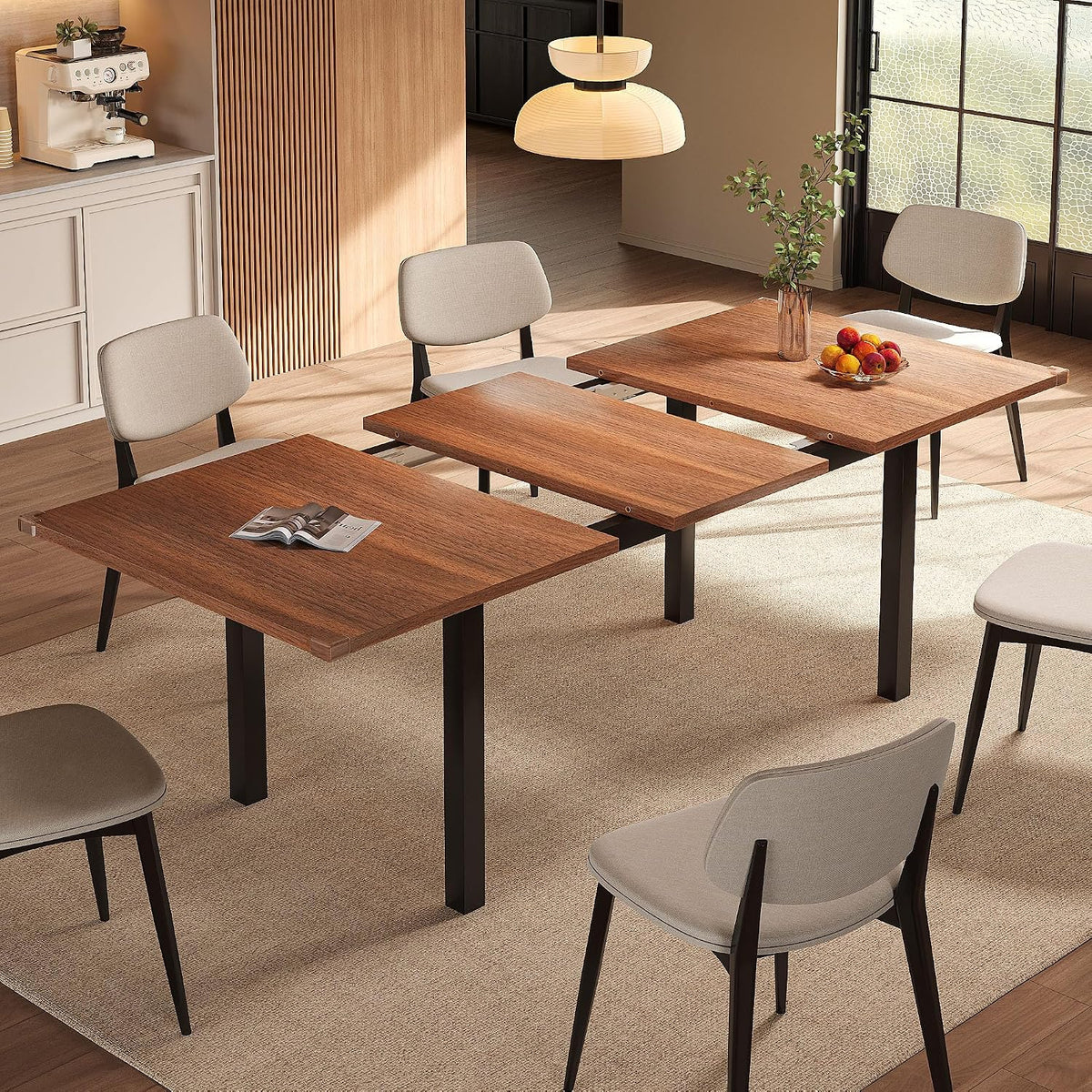 Einhomn Extendable Dining Table for 4-6, 63" Modern Kitchen Table, Farmhouse Dining Room Tables for Dining, Kitchen, Office, Living Room, Rectangular Wooden Tables, Space Saving (Walnut)