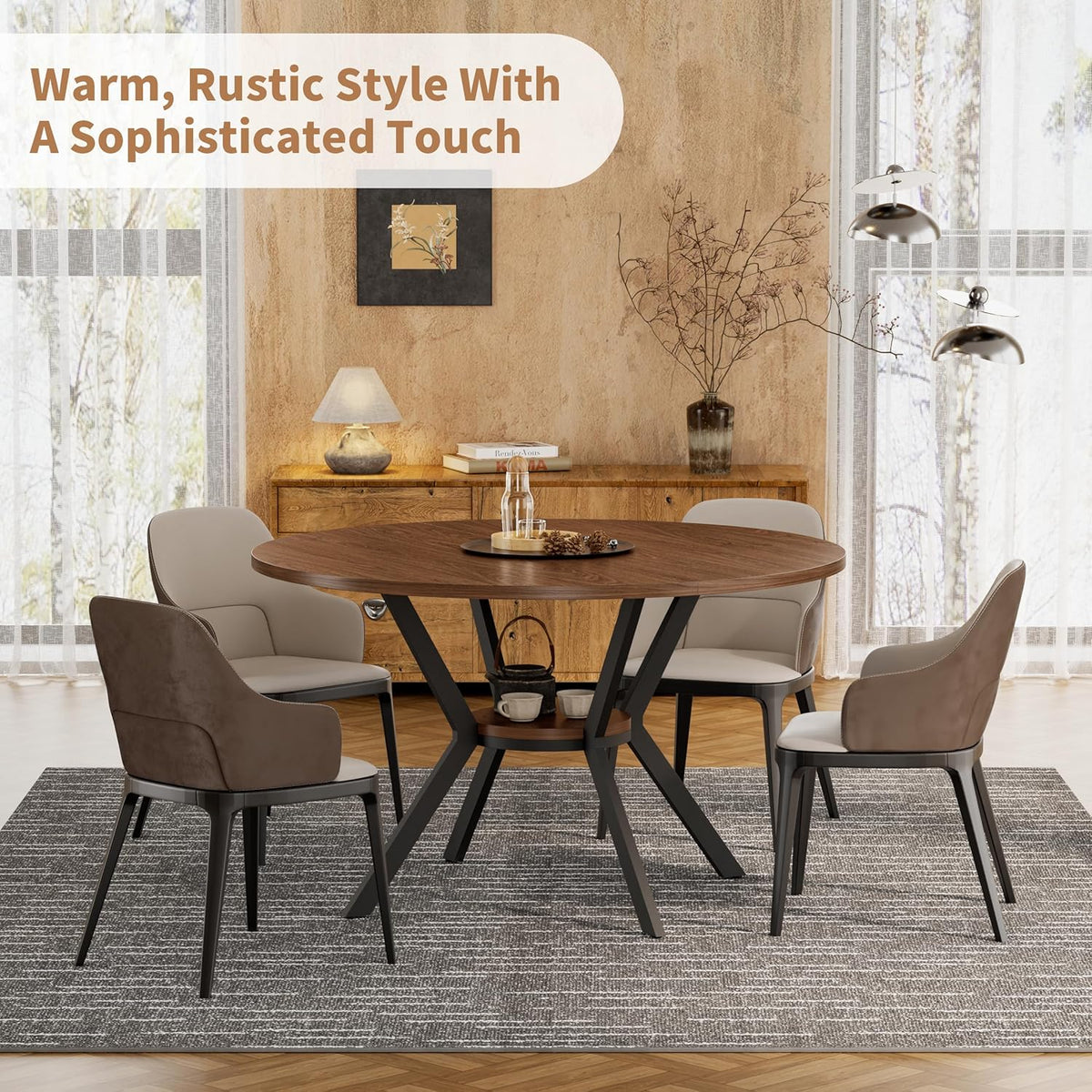42" Round Dining Table for 4, Farmhouse Kitchen Table with Storage, Space Saving Circle Dinner Table, Rustic Wood Kitchen & Dining Room Tables with Metal Legs for Home, Apartment, Office, Restaurant