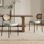 Rattan Dining Chairs Set of 2, Green Leather Upholstered Dining Chairs with Rattan Cane Back, Mid Century Modern Dining Room Chairs with Black Metal Legs & D-Shaped Thicken Cushion, Green