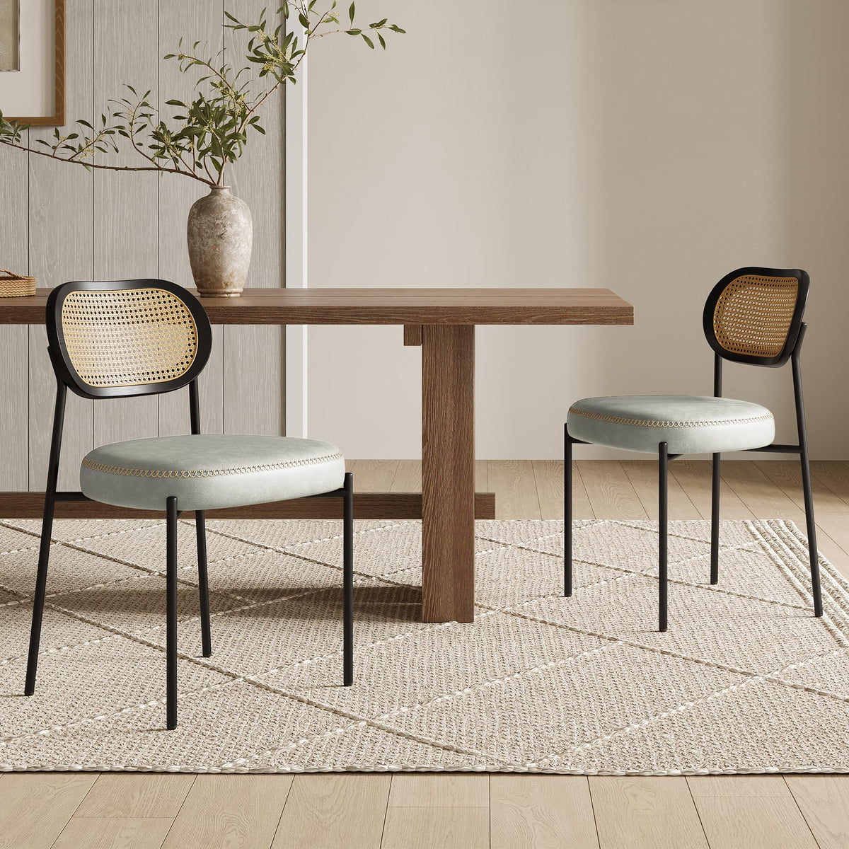 Rattan Dining Chairs Set of 2, Green Leather Upholstered Dining Chairs with Rattan Cane Back, Mid Century Modern Dining Room Chairs with Black Metal Legs & D-Shaped Thicken Cushion, Green