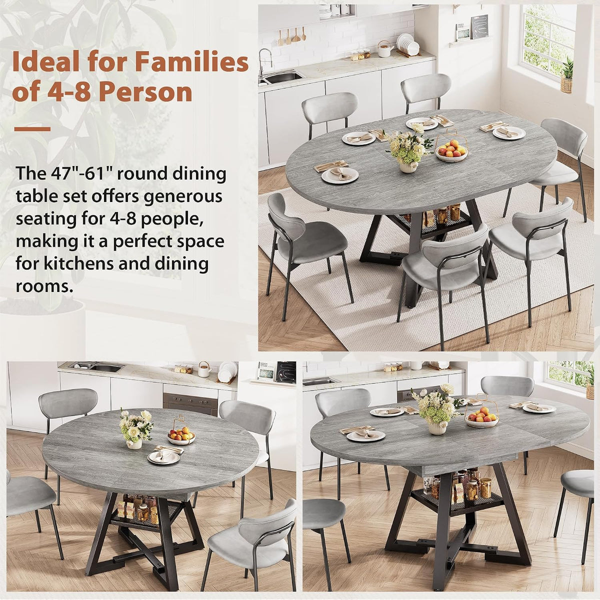 Jocoevol Extendable Round Dining Table for 4-8, Round to Oval Dining Table with Open Storage Shelf, Space Saving Expandable Kitchen Table, Modern Design for Apartments & Dining Rooms,Grey