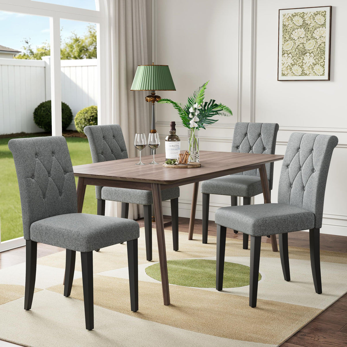 Welzona Upholstered Dining Chairs Set of 4, Button Tufted Parsons Dining Chair with Solid Wood Legs, Modern Fabric Side Chair for Dining Room/Kitchen/Restaurant/Hotel- Black