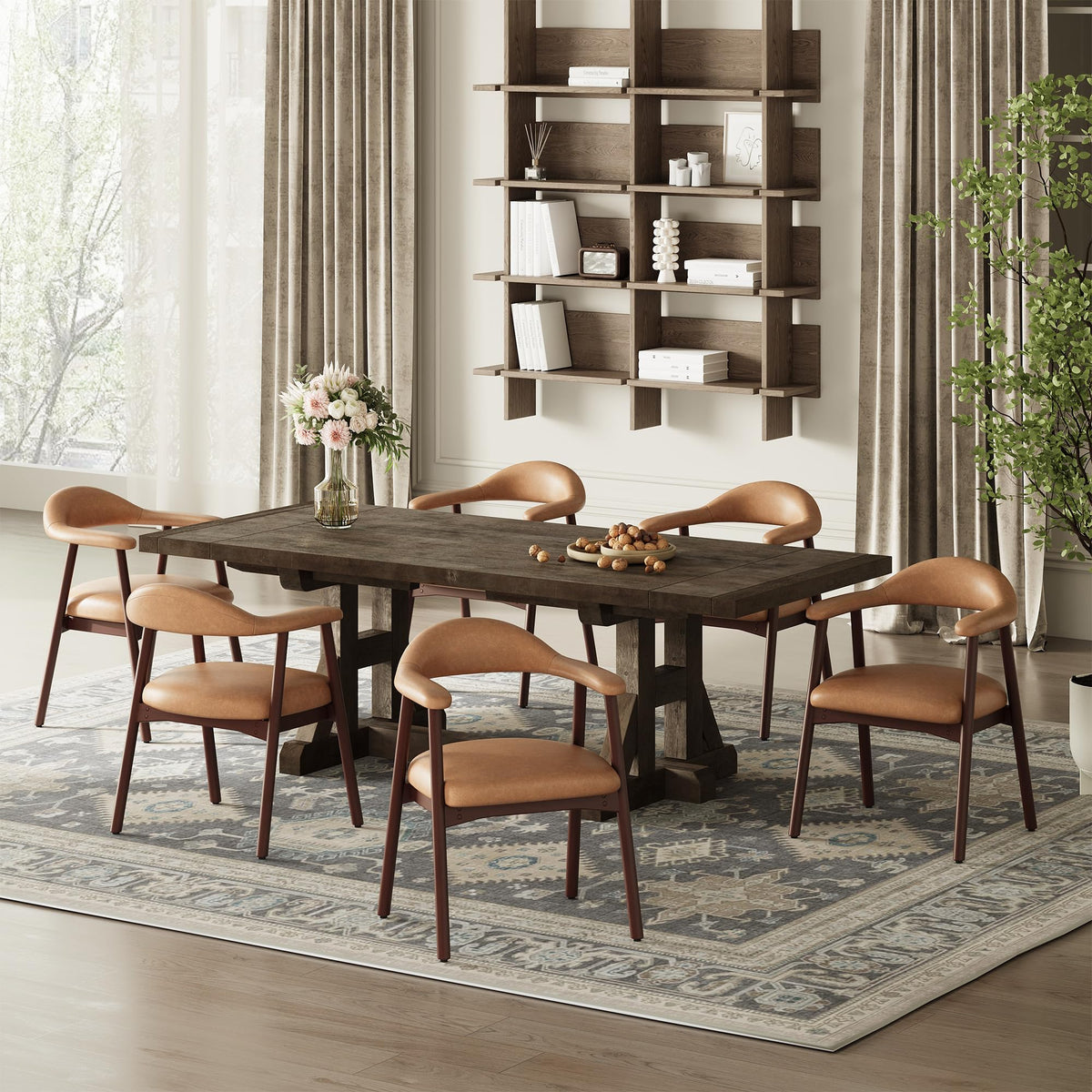 MALOL Leather Dining Chair with Armrest Set of 4, Upholstered Dining Room Chair with Curved Back and Wood Legs, Mid Century Modern Kitchen Chairs for Kitchen Dining Room,Brown