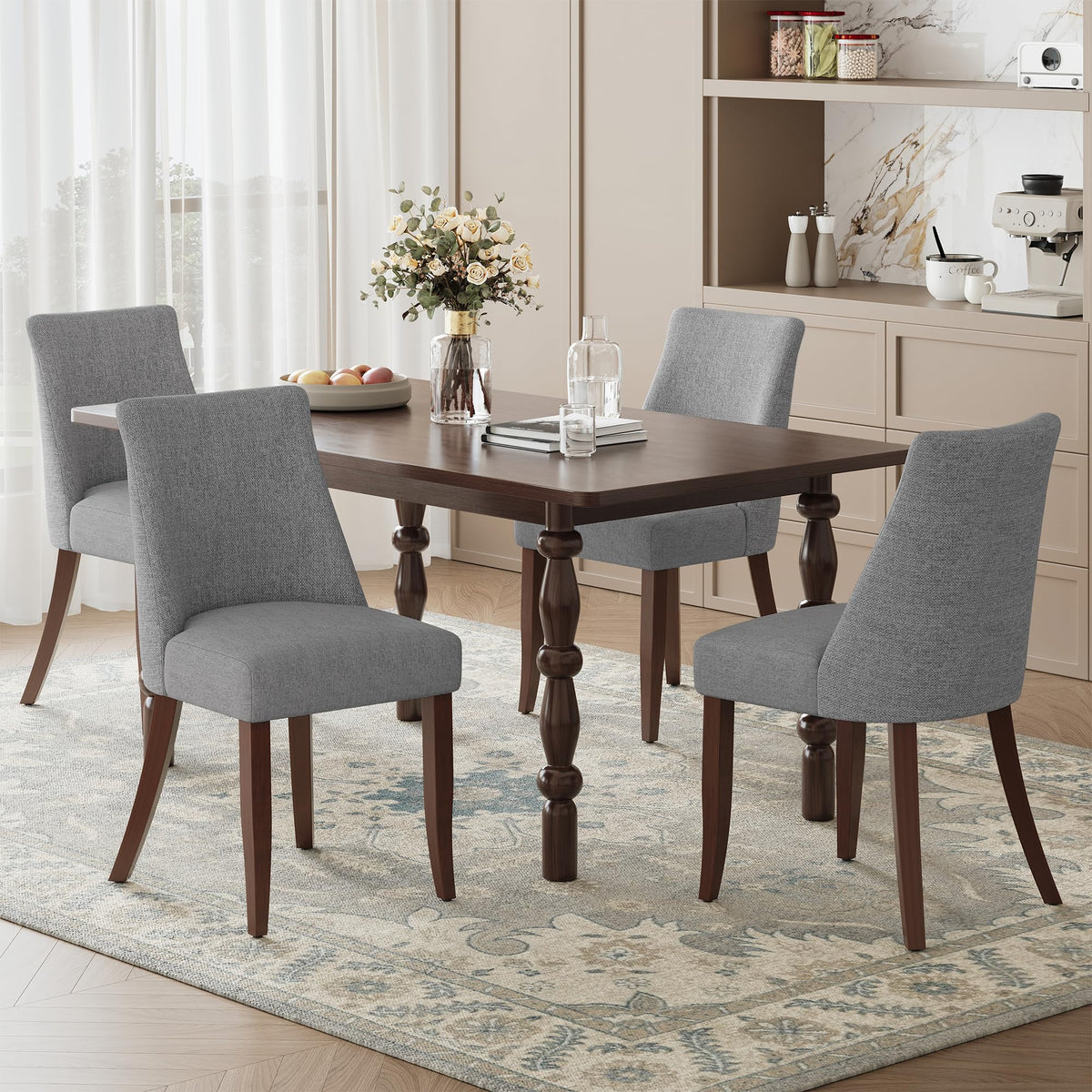 COLAMY Upholstered Dining Chairs Set of 6, Mid Century Modern Kitchen Chairs with Back, Farmhouse Fabric Side Dining Room Chairs with Wood Legs for Dining Room Restaurant, Brown