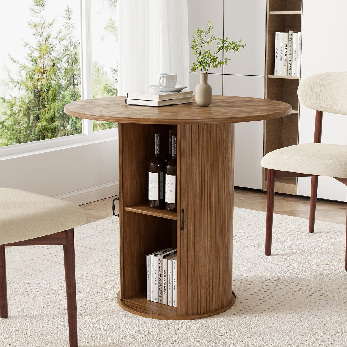 47 inch Round Dining Table for 4-6, Dinner Table with 2-Layer Storage Shelf, Morden Circle Kitchen Table with Wooden Strip Base and Wood Slide Door for Home Dining Room, Living Room, Walnut