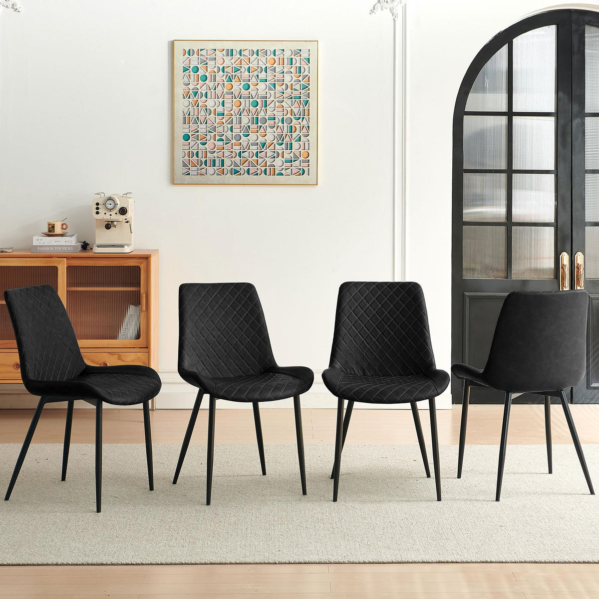 PU Leather Dining Chairs Set of 4, Modern Armless Dining Room Chairs, Comfy Upholstered Kitchen Chairs with Backrest, Black Metal Legs for Living Room, Dinning Room, Beige