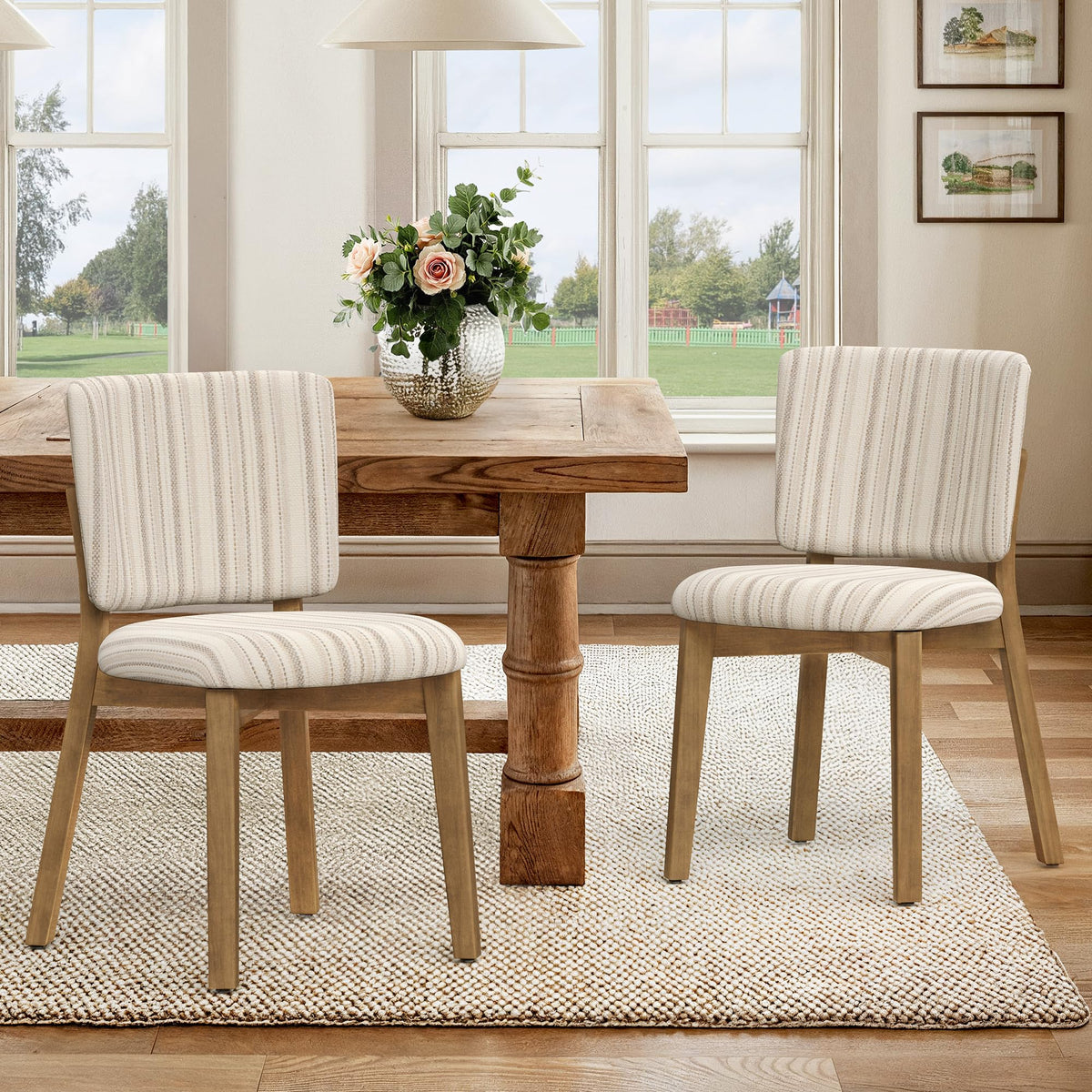 LUE BONA Linen Farmhouse Dining Chairs Set of 4, Natural Wood Leg