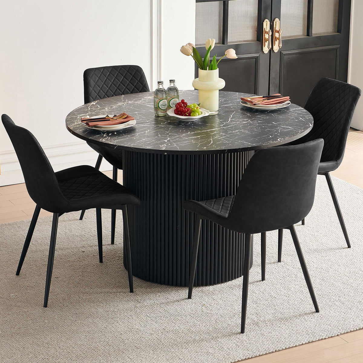 PU Leather Dining Chairs Set of 4, Modern Armless Dining Room Chairs, Comfy Upholstered Kitchen Chairs with Backrest, Black Metal Legs for Living Room, Dinning Room, Beige
