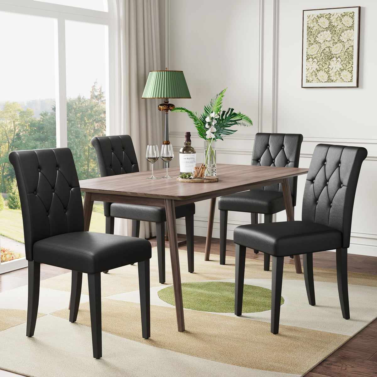 Welzona Upholstered Dining Chairs Set of 4, Button Tufted Parsons Dining Chair with Solid Wood Legs, Modern Fabric Side Chair for Dining Room/Kitchen/Restaurant/Hotel- Black