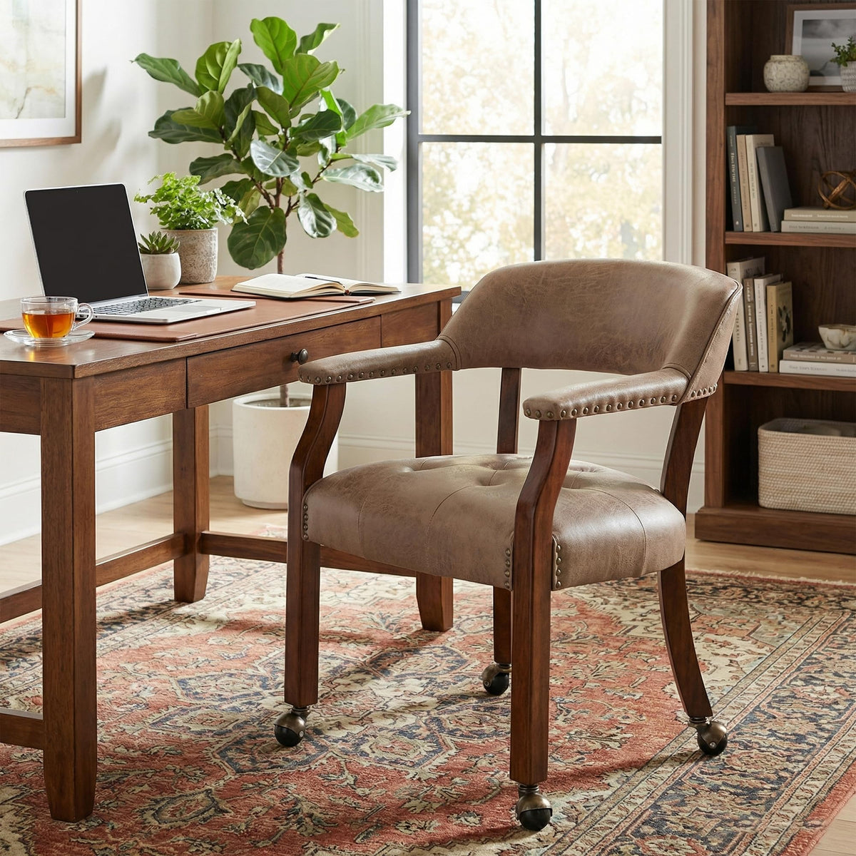 LEEMTORIG Large Dining Chairs with Casters and Arms, Rolling Dining Chairs with Wheels, Accent Game Poker Chairs, Wood Boss Caption's Chairs, 26“Dx25.2 Wx31.5“H, Cherry Legs & Ivory PU, SY-1533-WT