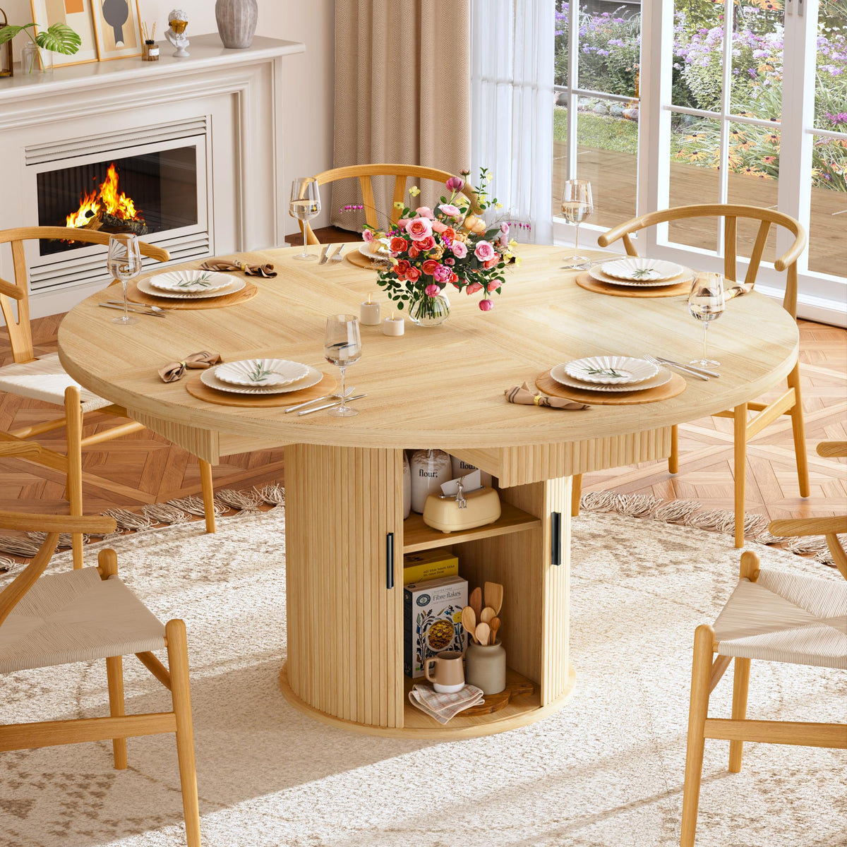 HUAHUU Extendable Round Dining Table for 4-8, 39in-77in Long Large Kitchen Table with Fluted Base, Space Saving Modern Farmhouse Oval Dinner Tables for Dining Room, Kitchen, Living Room, Natural