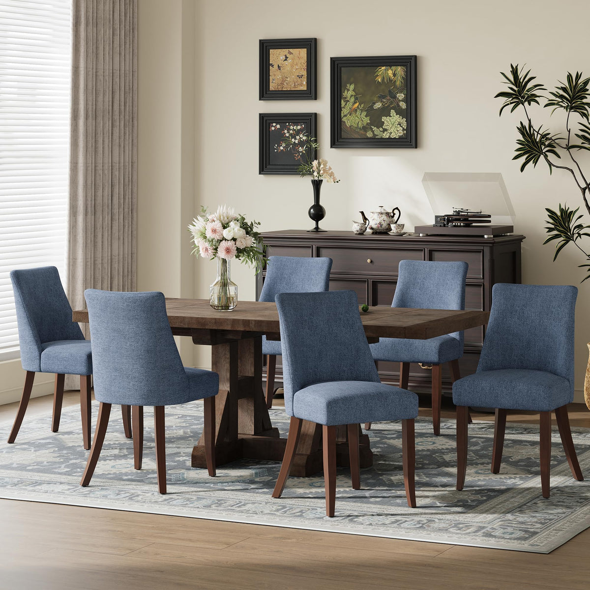 COLAMY Upholstered Dining Chairs Set of 6, Mid Century Modern Kitchen Chairs with Back, Farmhouse Fabric Side Dining Room Chairs with Wood Legs for Dining Room Restaurant, Brown
