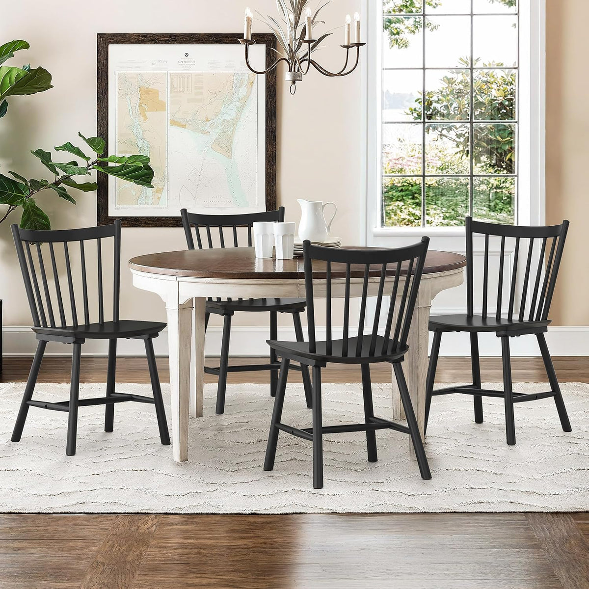 LUE BONA Upgraded Dining Chairs Set of 4, Farmhouse Wooden Spindle Back Kitchen Chairs, Windsor Dining Chairs for Kitchen and Dining Room, Black