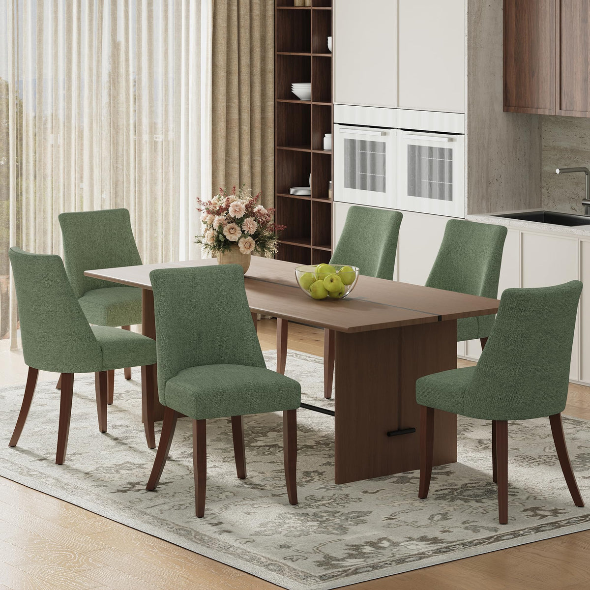 COLAMY Upholstered Dining Chairs Set of 6, Mid Century Modern Kitchen Chairs with Back, Farmhouse Fabric Side Dining Room Chairs with Wood Legs for Dining Room Restaurant, Brown