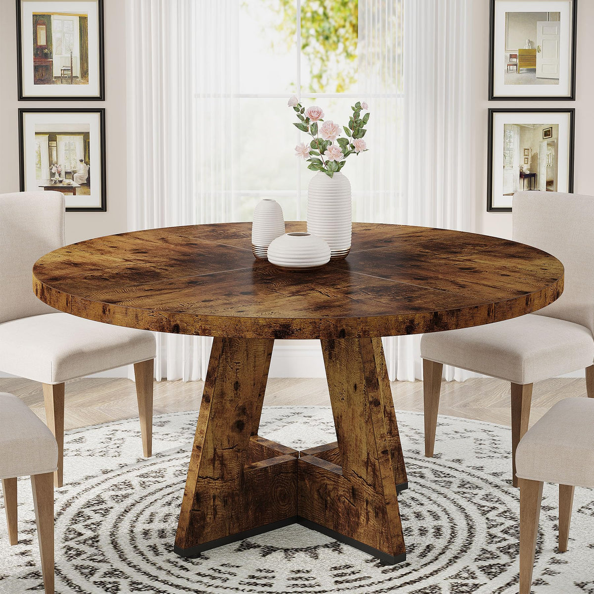 Tribesigns 47 inch Round Dining Table Wood Kitchen Table for Dining Room, 47" Dinner Room Tables for 4-6, Farmhouse Accent Furniture with Wooden Tabletop and Cross Base, Black