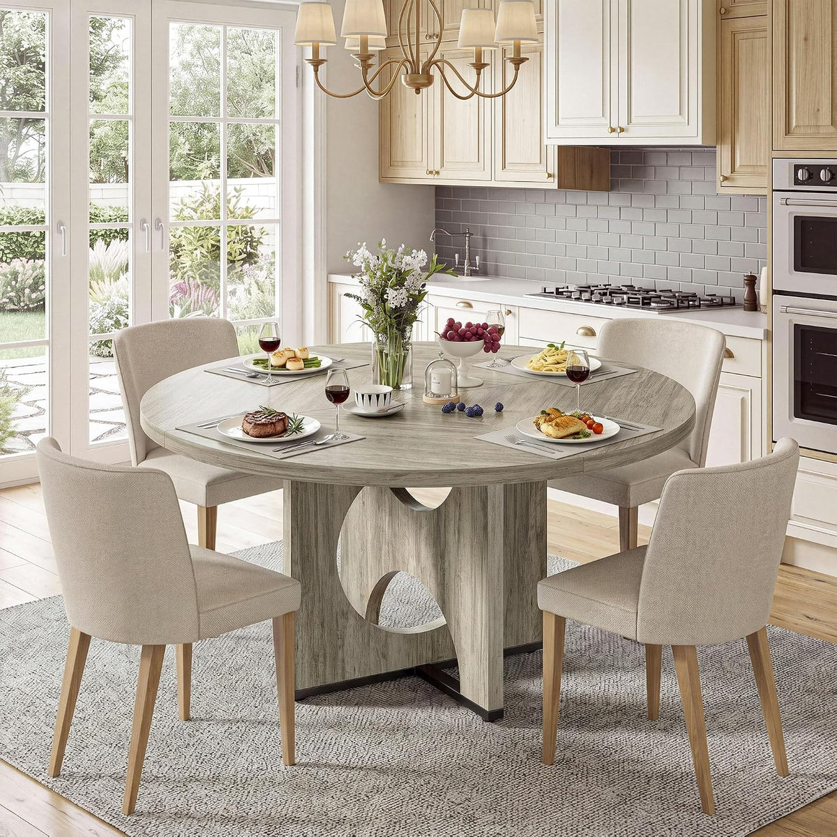 IRONCK 47" Round Dining Table for 4 with Pedestal Base, Gray