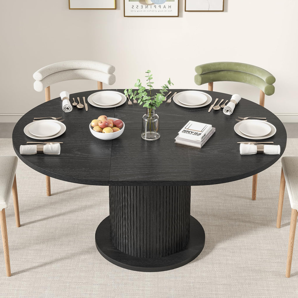 43.3 inch 59 inch Adjustable Size Round Dining Table for 4 6, Unique Design Modern Farmhouse Kitchen Table, Circle Dining Tables with Wood Strip Base for Kitchen Living Room (Walnut)