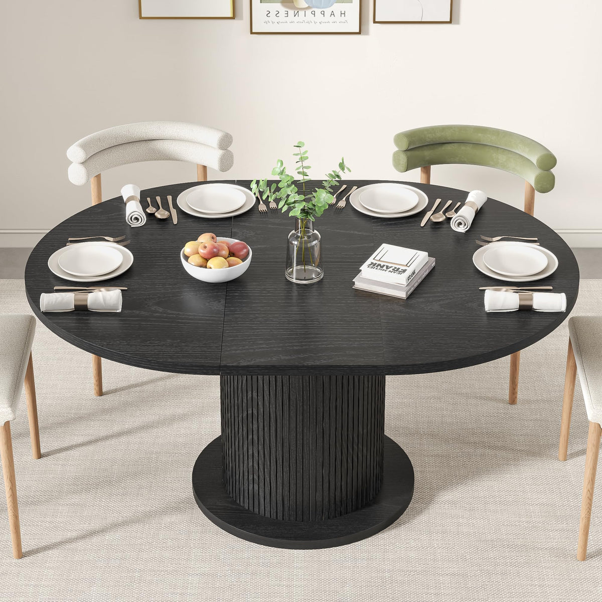43.3 inch 59 inch Adjustable Size Round Dining Table for 4 6, Unique Design Modern Farmhouse Kitchen Table, Circle Dining Tables with Wood Strip Base for Kitchen Living Room (Walnut)