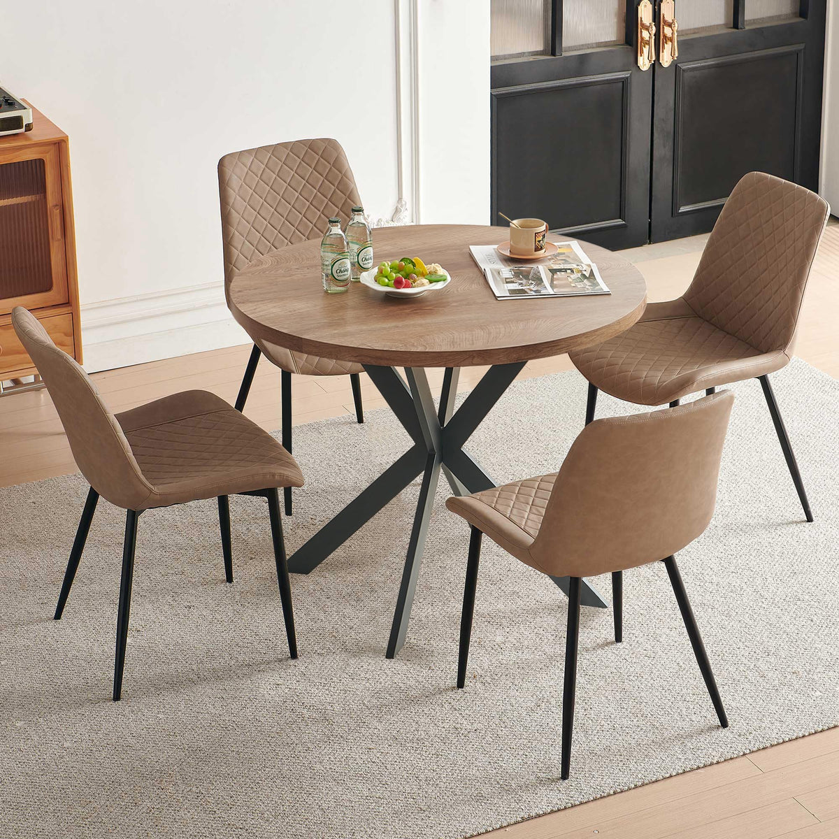 PU Leather Dining Chairs Set of 4, Modern Armless Dining Room Chairs, Comfy Upholstered Kitchen Chairs with Backrest, Black Metal Legs for Living Room, Dinning Room, Beige