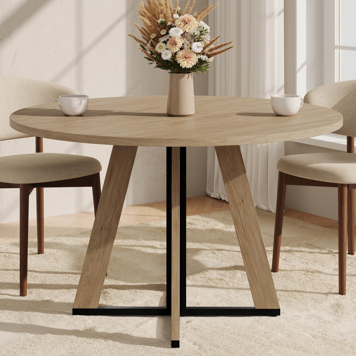 MECHYIN 42 inch Round Dining Table for 4, Farmhouse Kitchen Table, Round Dining Room Table with Metal Legs for Small Spaces & Apartment, Space-Saving Circle Wood Dinner Table, Walnut