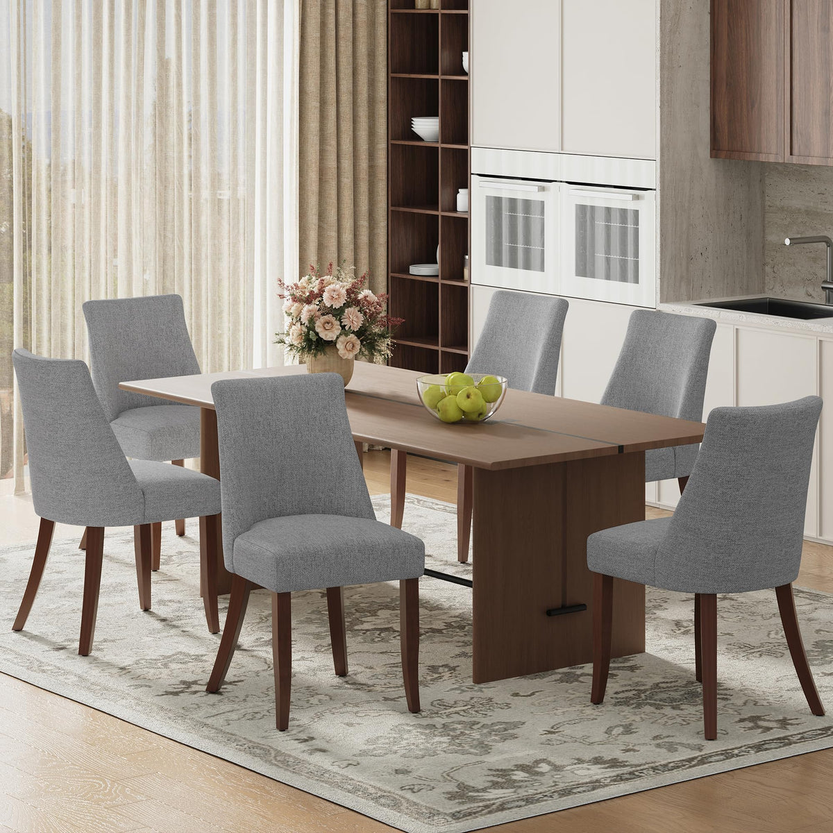 COLAMY Upholstered Dining Chairs Set of 6, Mid Century Modern Kitchen Chairs with Back, Farmhouse Fabric Side Dining Room Chairs with Wood Legs for Dining Room Restaurant, Brown