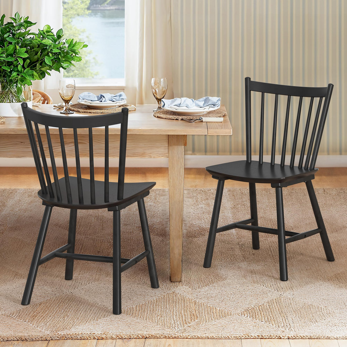 LUE BONA Upgraded Dining Chairs Set of 4, Farmhouse Wooden Spindle Back Kitchen Chairs, Windsor Dining Chairs for Kitchen and Dining Room, Black