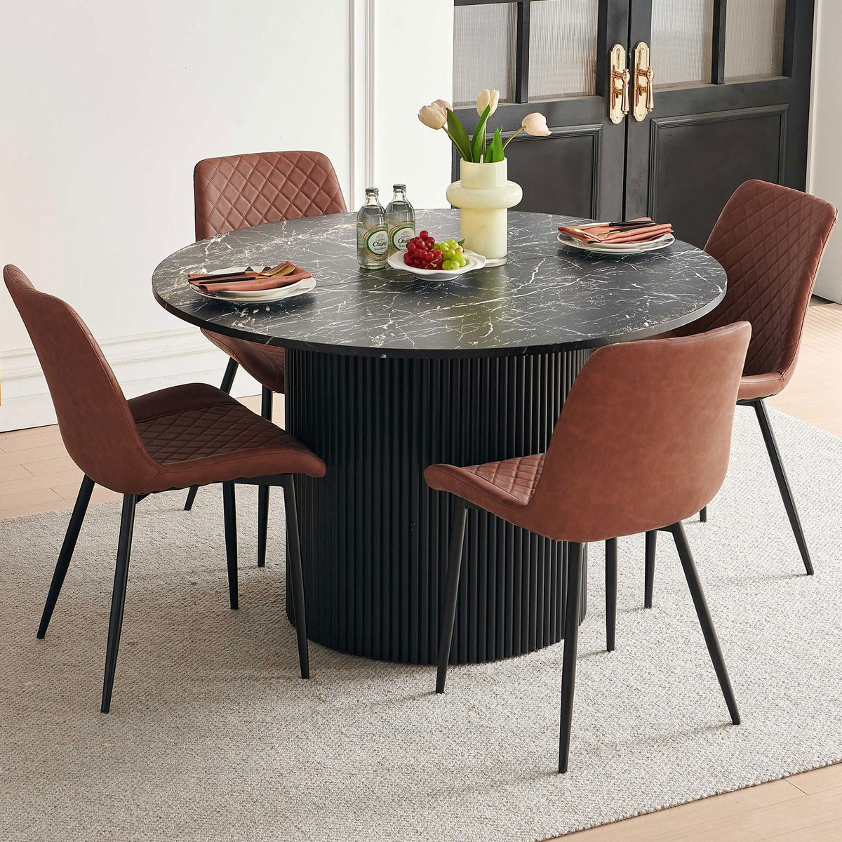 PU Leather Dining Chairs Set of 4, Modern Armless Dining Room Chairs, Comfy Upholstered Kitchen Chairs with Backrest, Black Metal Legs for Living Room, Dinning Room, Beige