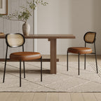 Rattan Dining Chairs Set of 2, Green Leather Upholstered Dining Chairs with Rattan Cane Back, Mid Century Modern Dining Room Chairs with Black Metal Legs & D-Shaped Thicken Cushion, Green