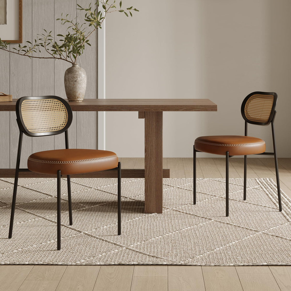 Rattan Dining Chairs Set of 2, Green Leather Upholstered Dining Chairs with Rattan Cane Back, Mid Century Modern Dining Room Chairs with Black Metal Legs & D-Shaped Thicken Cushion, Green