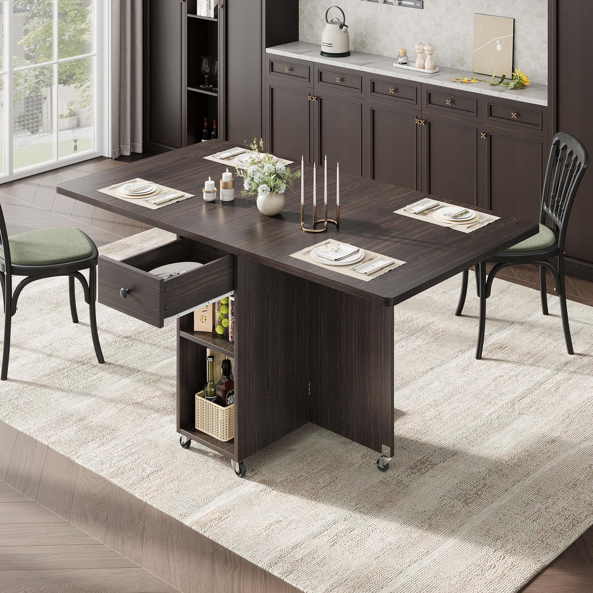 Jocoevol Space Saving Folding Dining Table for 4, Foldable Dining Table with Drawer and Storage Shelf, 6 Wheels Drop Leaf Kitchen Dining Room Table for Small Space (Natural, 47.2" x 23.6" x 29.9")