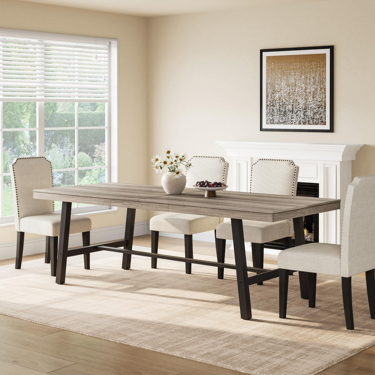 GarveeHome 63-83" Extendable Dining Table, Industrial Rectangular Dining Room Table for 6-8 People, Expandable Kitchen Table with Heavy Duty Metal Frame for Dining Room, Kitchen & Parties, Rustic Pear